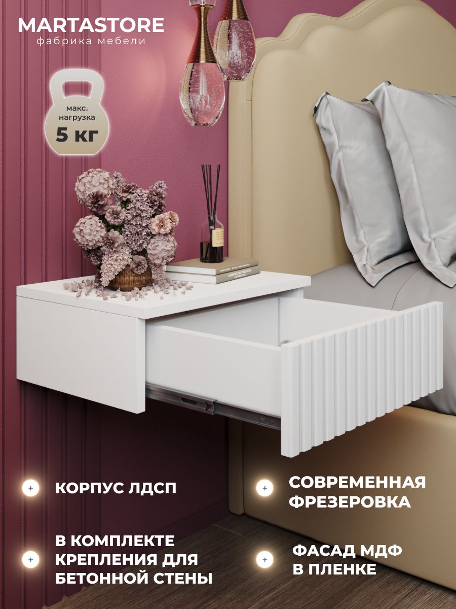 Прикроватная навесная тумба белая 40 см  Rumba_0.4_14+1 MARTASTORE